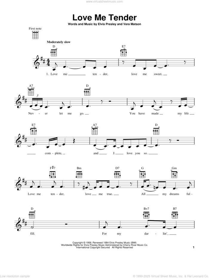 Love Me Tender sheet music for ukulele by Elvis Presley and Vera Matson, wedding score, intermediate skill level