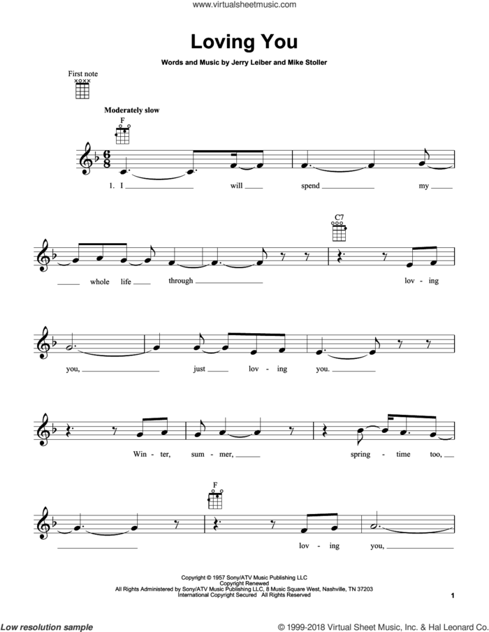 Loving You sheet music for ukulele by Elvis Presley, Jerry Leiber and Mike Stoller, intermediate skill level