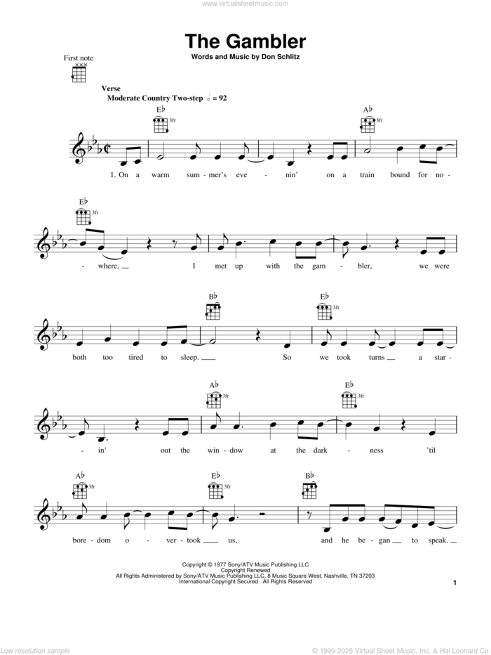 The Gambler (from The Daily Ukulele) sheet music for ukulele by Kenny Rogers and Don Schlitz, intermediate skill level