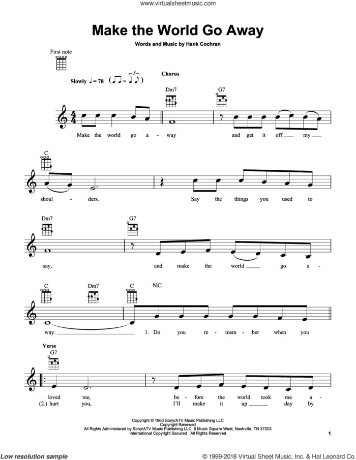 Make The World Go Away sheet music for ukulele by Eddy Arnold, Elvis Presley and Hank Cochran, intermediate skill level