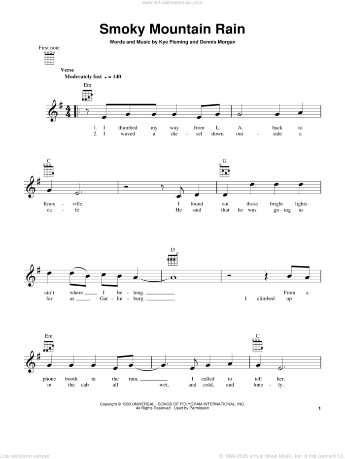 Smoky Mountain Rain sheet music for ukulele by Ronnie Milsap, Dennis Morgan and Kye Fleming, intermediate skill level