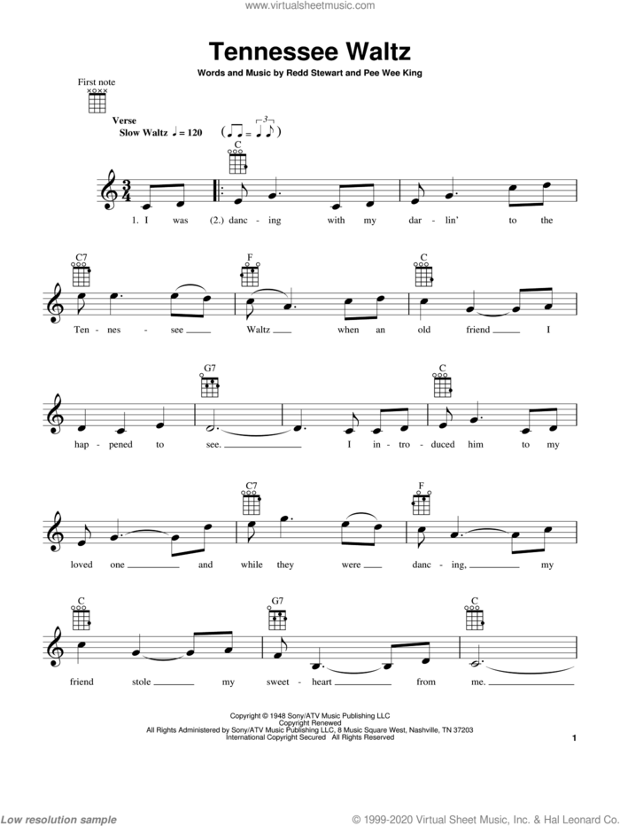 Tennessee Waltz sheet music for ukulele by Patti Page, Pee Wee King and Redd Stewart, intermediate skill level