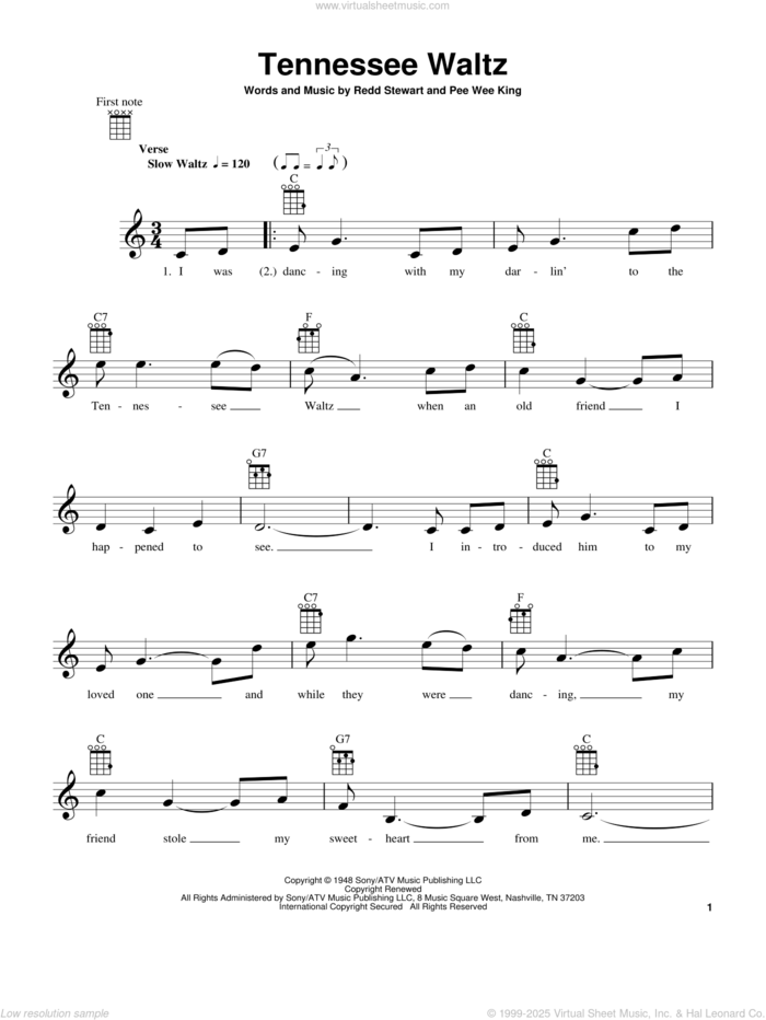 Tennessee Waltz (arr. Jim Schustedt) sheet music for ukulele by Patti Page, Pee Wee King and Redd Stewart, intermediate skill level