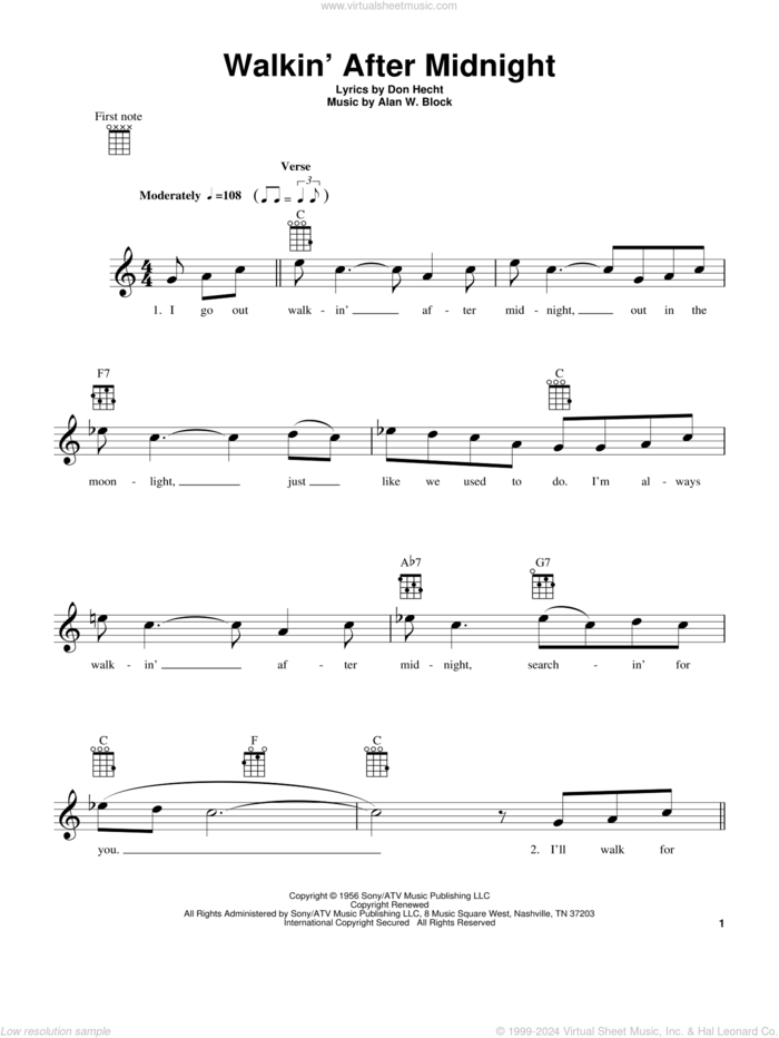 Walkin' After Midnight sheet music for ukulele by Patsy Cline, Alan W. Block and Don Hecht, intermediate skill level