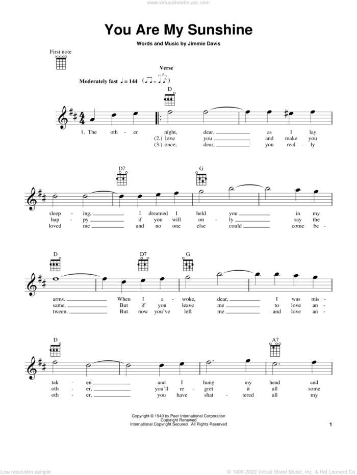 You Are My Sunshine sheet music for ukulele by Jimmie Davis and Duane Eddy, intermediate skill level