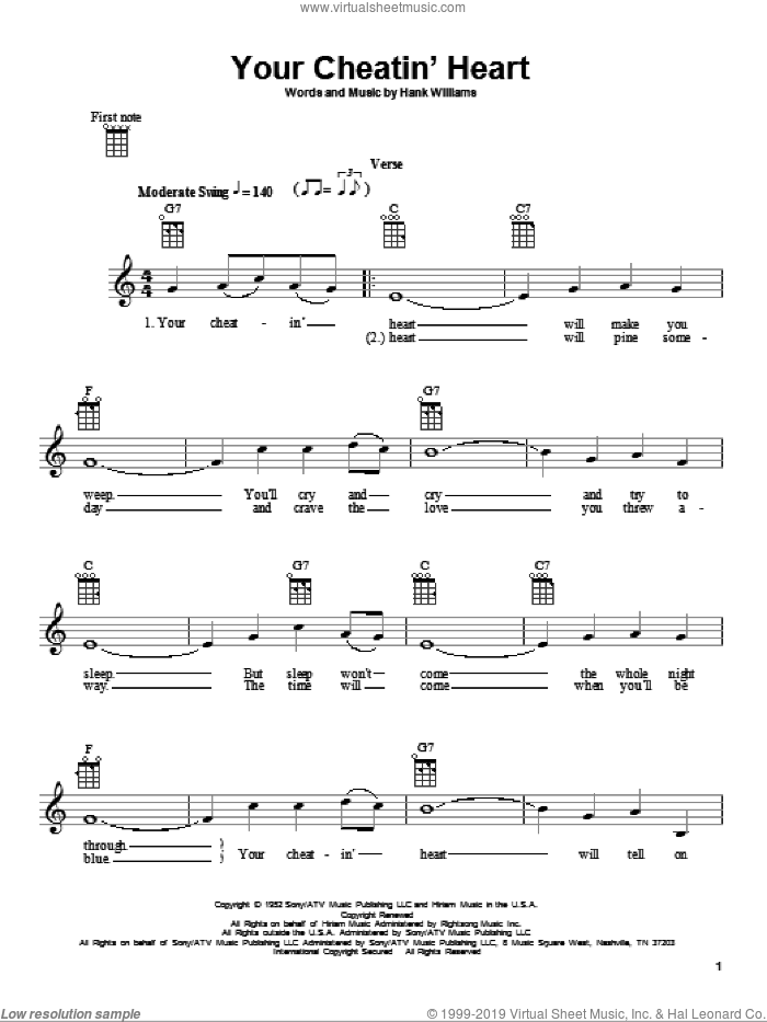 Your Cheatin' Heart sheet music for ukulele by Hank Williams and Patsy Cline, intermediate skill level