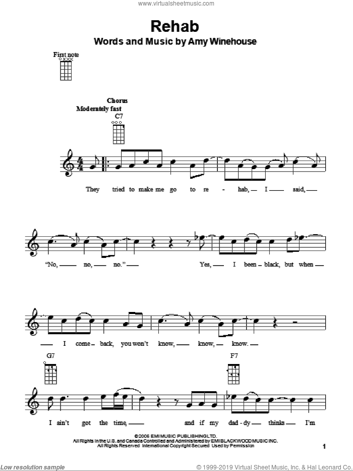 Rehab sheet music for ukulele by Amy Winehouse and Glee Cast, intermediate skill level