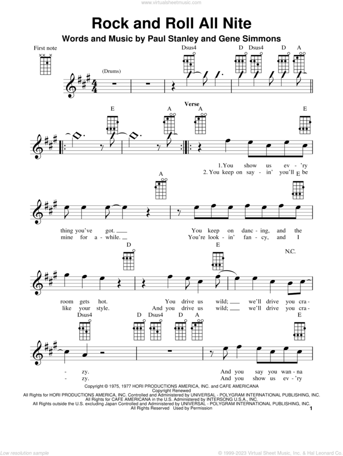 Rock And Roll All Nite sheet music for ukulele by KISS, Gene Simmons, Glee Cast and Paul Stanley, intermediate skill level