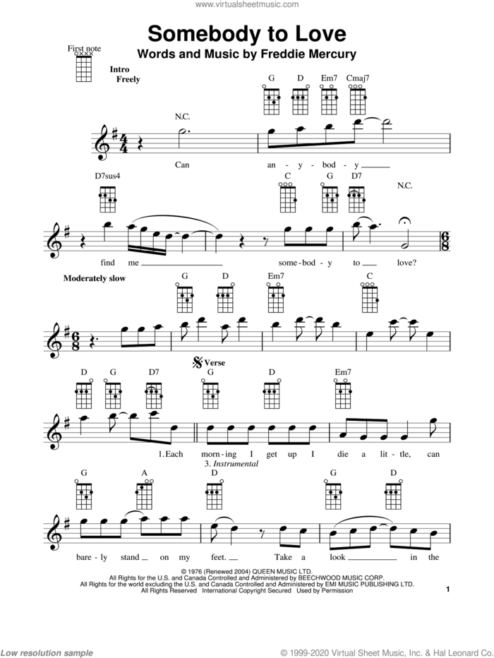 Somebody To Love sheet music for ukulele by Queen, Freddie Mercury and Glee Cast, intermediate skill level