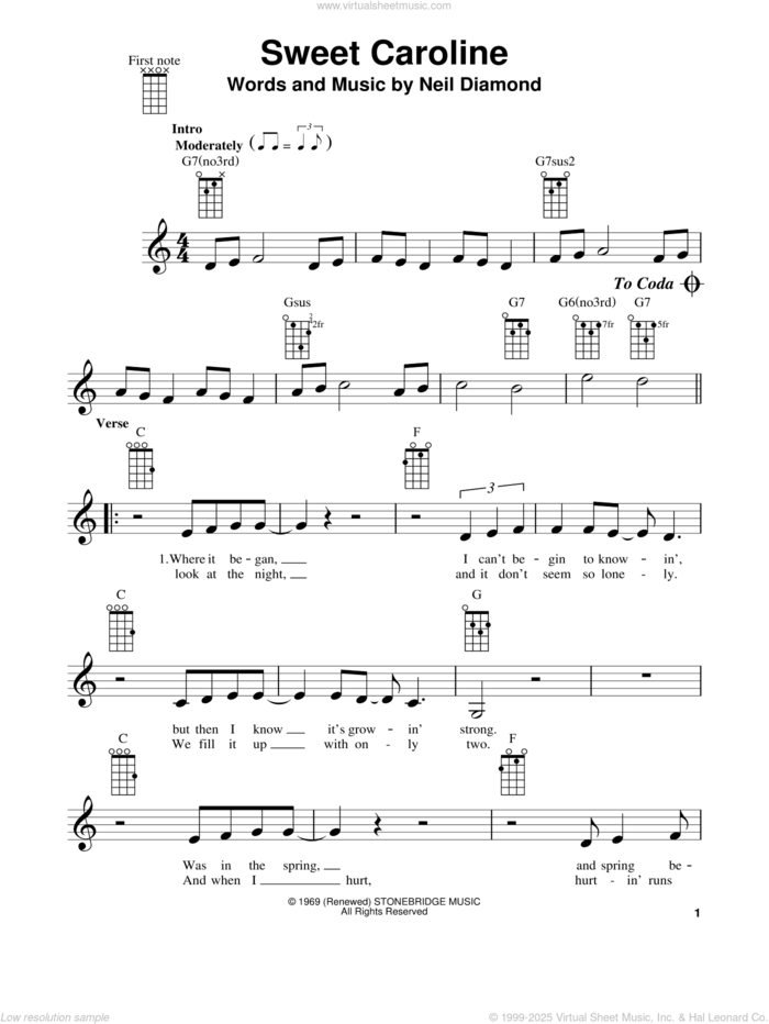 Sweet Caroline sheet music for ukulele by Glee Cast and Neil Diamond, intermediate skill level