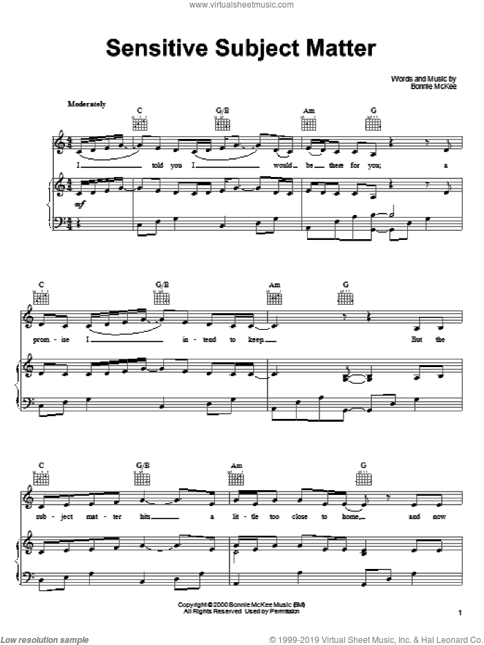 Sensitive Subject Matter sheet music for voice, piano or guitar by Bonnie McKee, intermediate skill level