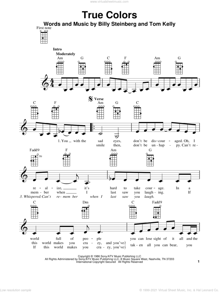 True Colors sheet music for ukulele by Glee Cast, Billy Steinberg, Cyndi Lauper and Tom Kelly, intermediate skill level