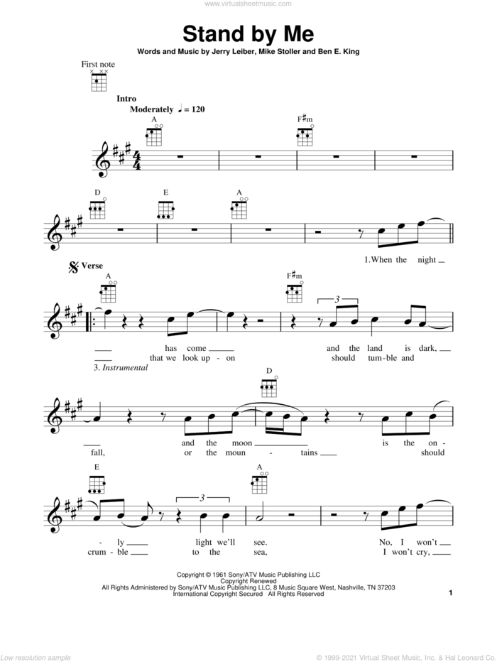 Stand By Me sheet music for ukulele by Ben E. King, Jerry Leiber and Mike Stoller, intermediate skill level