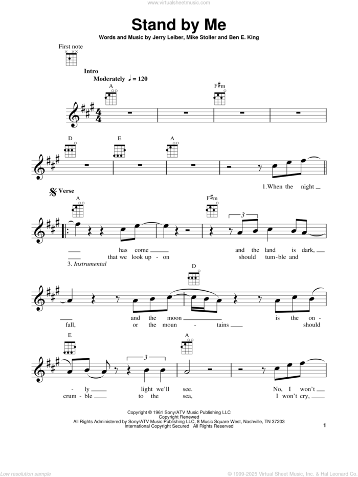 Stand By Me sheet music for ukulele by Ben E. King, Jerry Leiber and Mike Stoller, intermediate skill level