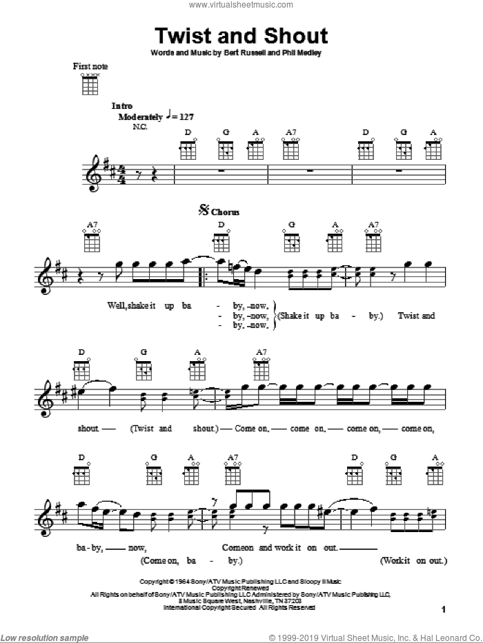 Twist And Shout sheet music for ukulele by The Beatles, Bert Russell and Phil Medley, intermediate skill level