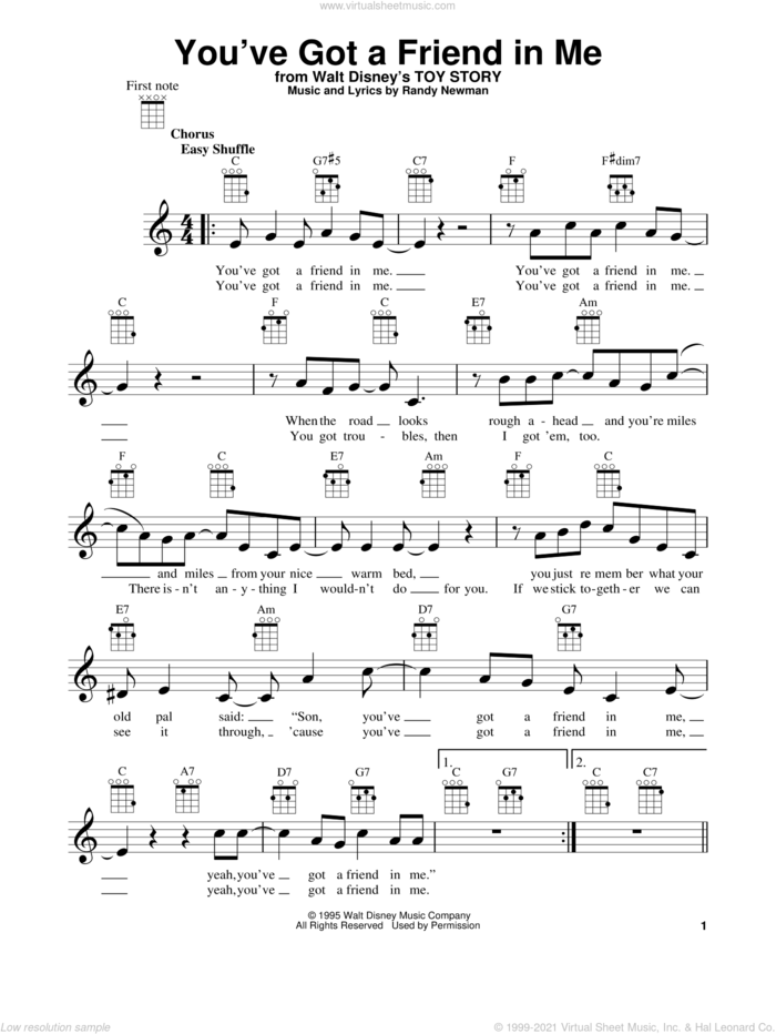 You've Got A Friend In Me (from Toy Story) sheet music for ukulele by Randy Newman and Toy Story (Movie), intermediate skill level