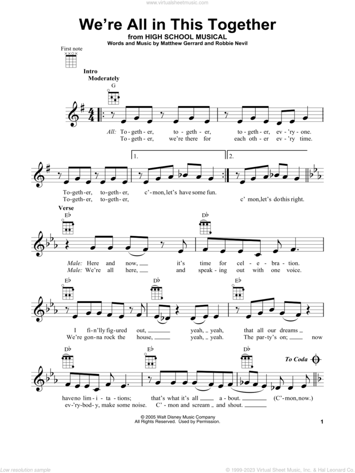 We're All In This Together (from High School Musical) sheet music for ukulele by High School Musical Cast, High School Musical, Matthew Gerrard and Robbie Nevil, intermediate skill level