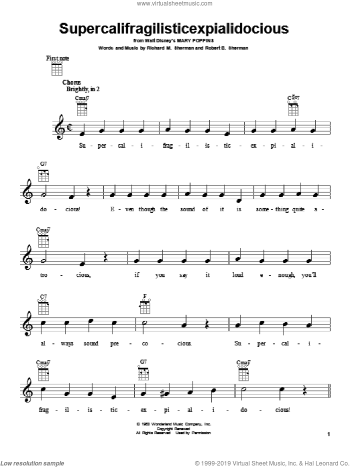 Supercalifragilisticexpialidocious (from Mary Poppins) sheet music for ukulele by Sherman Brothers, Julie Andrews, Richard M. Sherman and Robert B. Sherman, intermediate skill level