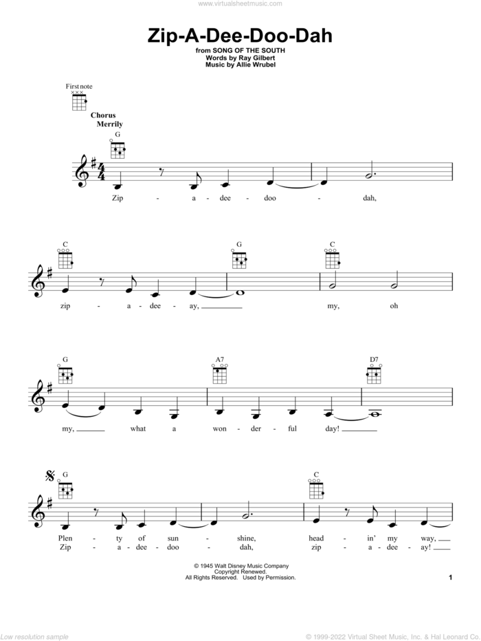 Zip-A-Dee-Doo-Dah (from Song Of The South) sheet music for ukulele by Ray Gilbert, James Baskett and Allie Wrubel, intermediate skill level