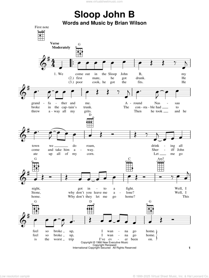 Sloop John B sheet music for ukulele by The Beach Boys and Brian Wilson, intermediate skill level