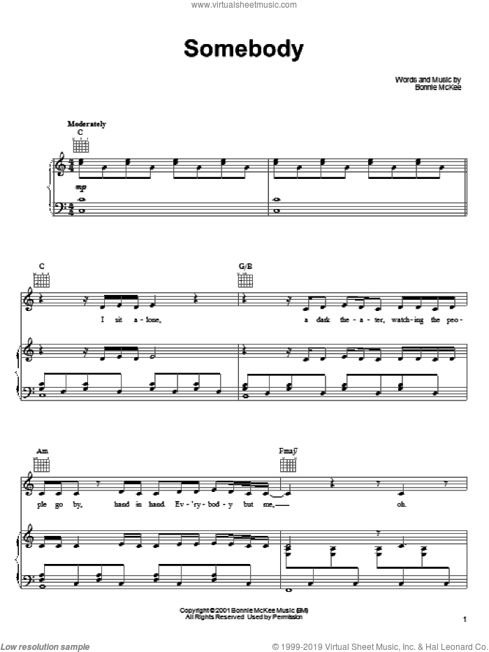 Somebody sheet music for voice, piano or guitar by Bonnie McKee, intermediate skill level