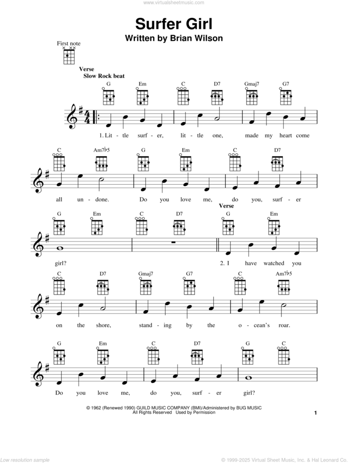 Surfer Girl (from The Daily Ukulele) sheet music for ukulele by The Beach Boys and Brian Wilson, intermediate skill level