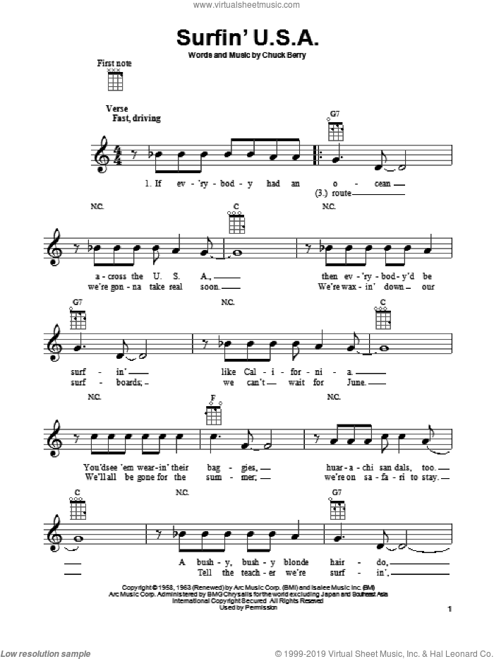 Surfin' U.S.A. sheet music for ukulele by The Beach Boys and Chuck Berry, intermediate skill level