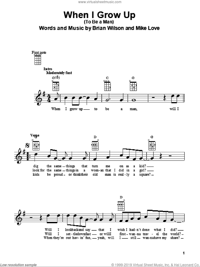 When I Grow Up (To Be A Man) sheet music for ukulele by The Beach Boys, Brian Wilson and Mike Love, intermediate skill level