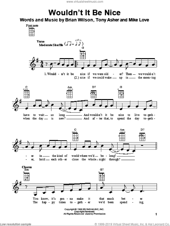 Wouldn't It Be Nice sheet music for ukulele by The Beach Boys, Brian Wilson, Mike Love and Tony Asher, intermediate skill level