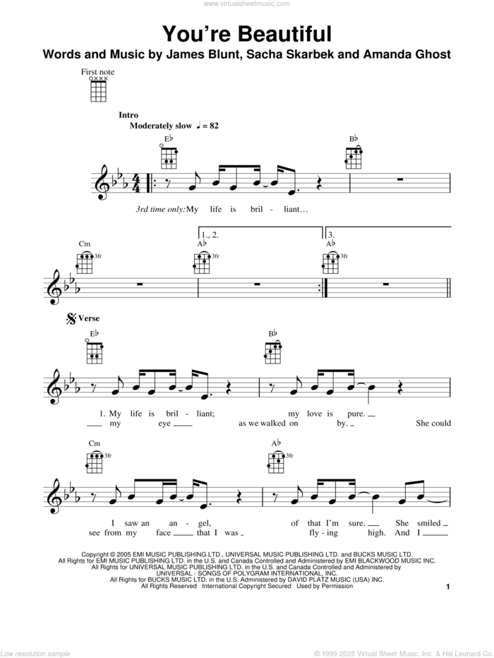 You're Beautiful sheet music for ukulele by James Blunt, Amanda Ghost and Sacha Skarbek, intermediate skill level