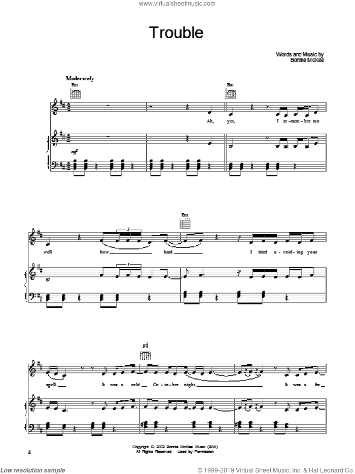 Trouble sheet music for voice, piano or guitar by Bonnie McKee, intermediate skill level