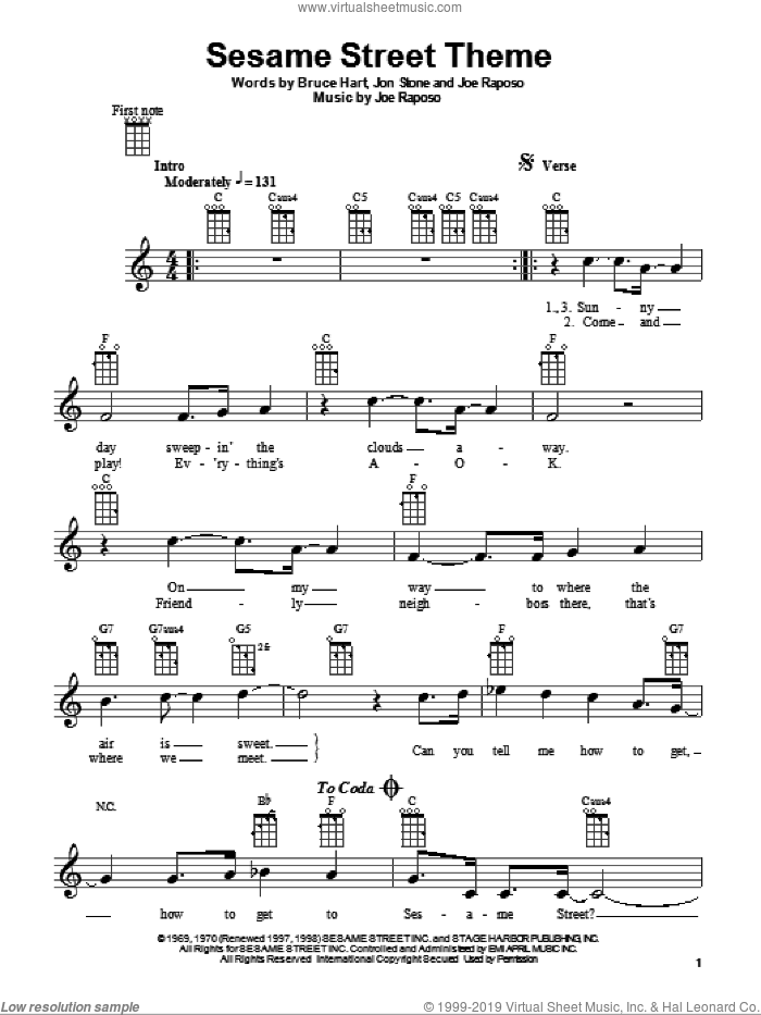 Sesame Street Theme sheet music for ukulele by Joe Raposo and Bruce Hart, intermediate skill level