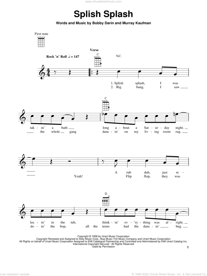 Splish Splash sheet music for ukulele by Bobby Darin and Murray Kaufman, intermediate skill level