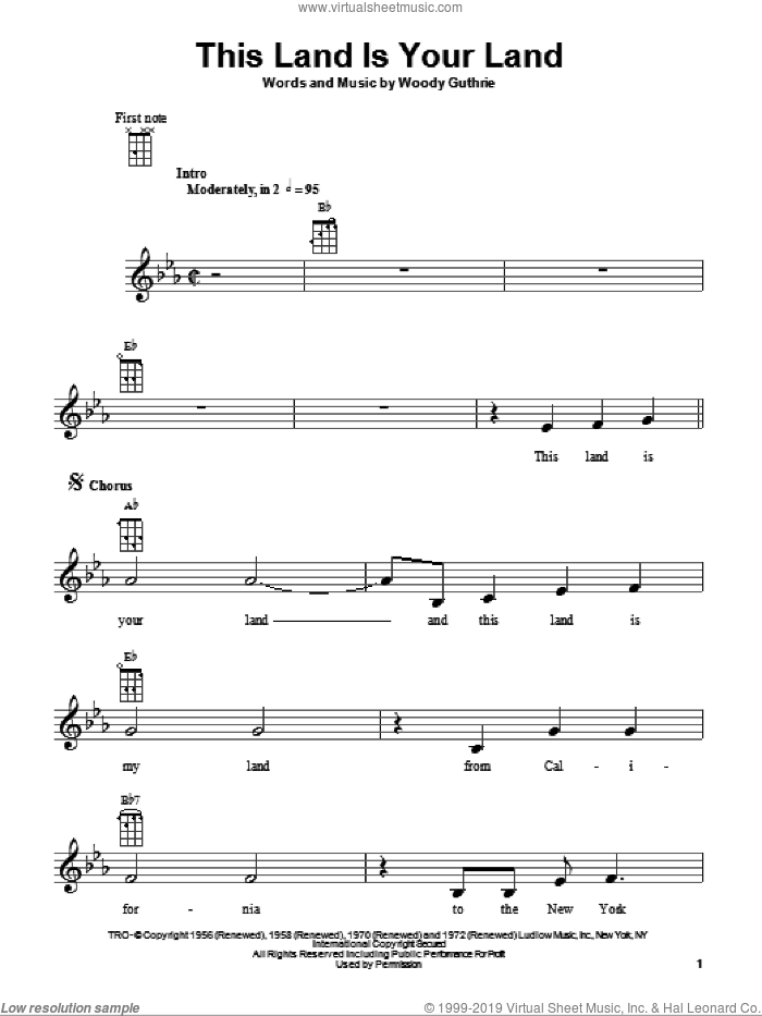 This Land Is Your Land sheet music for ukulele by Woody Guthrie, intermediate skill level