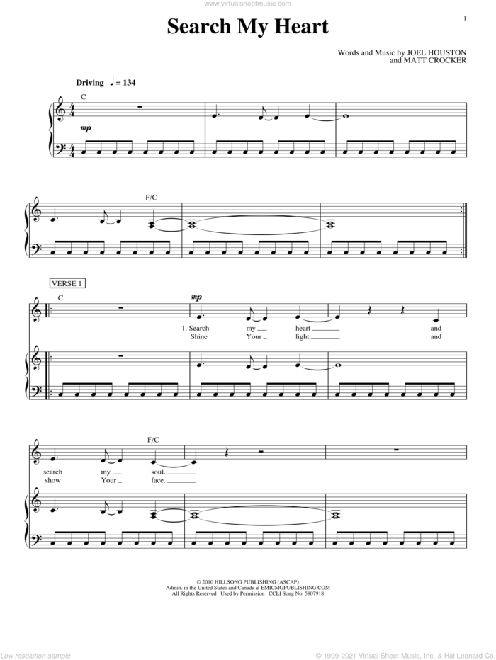 Search My Heart sheet music for voice, piano or guitar by Hillsong United, Joel Houston and Matt Crocker, intermediate skill level