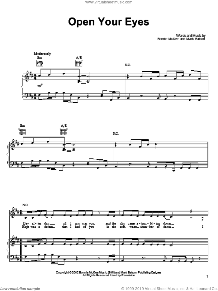 Open Your Eyes sheet music for voice, piano or guitar by Bonnie McKee and Mark Batson, intermediate skill level