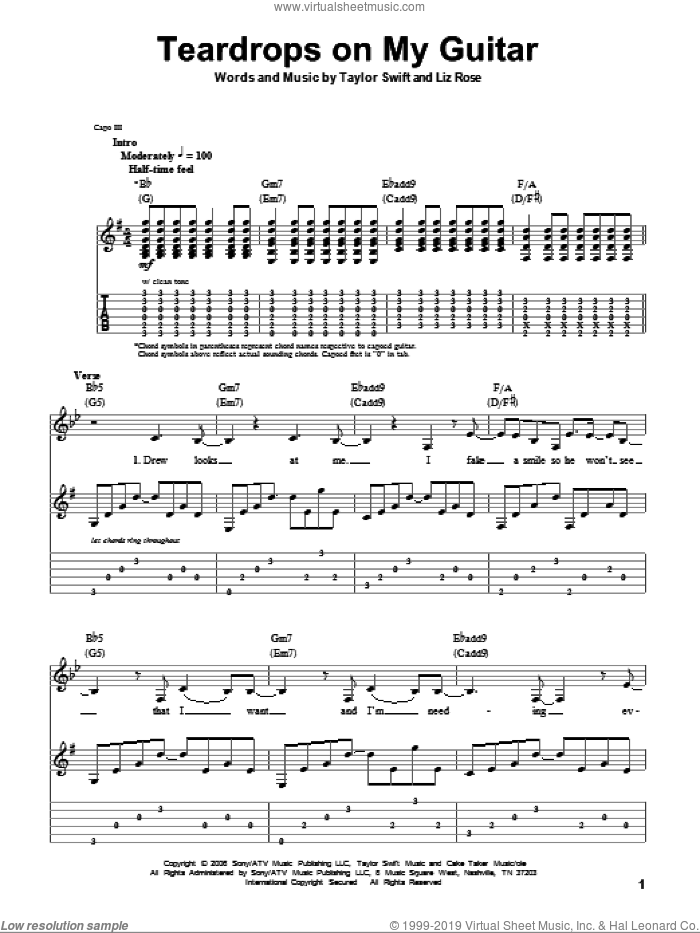 Teardrops On My Guitar sheet music for guitar (tablature, play-along) by Taylor Swift and Liz Rose, intermediate skill level
