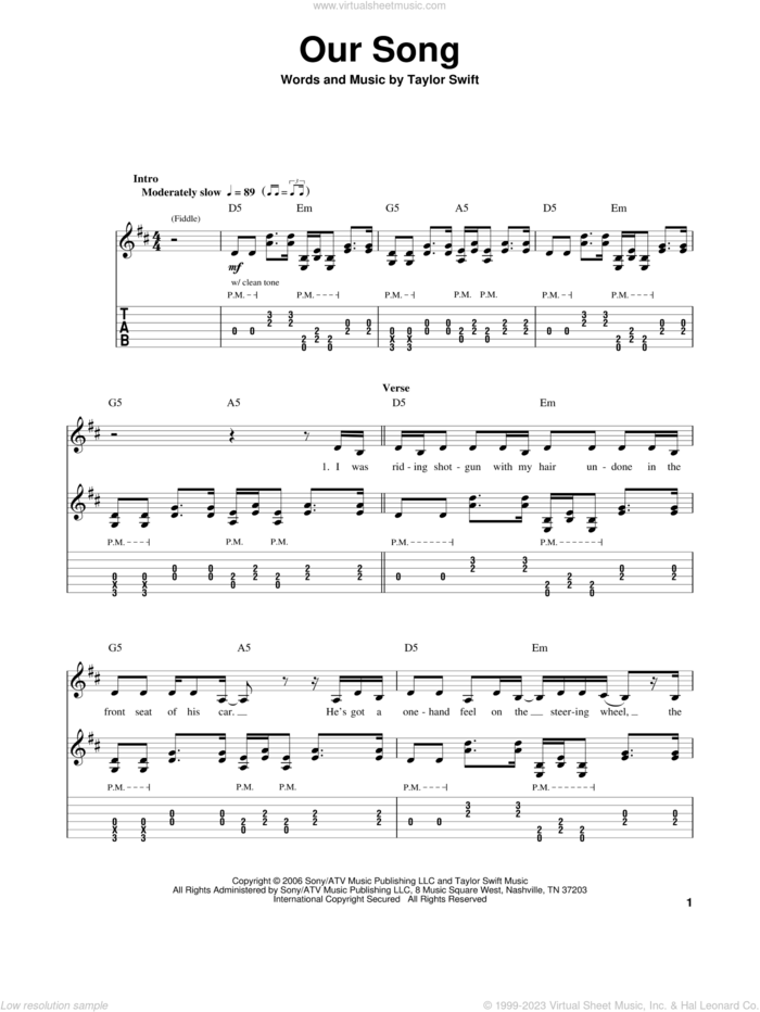 Our Song sheet music for guitar (tablature, play-along) by Taylor Swift, intermediate skill level