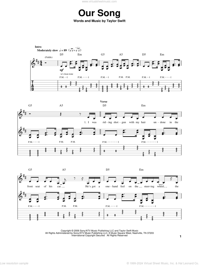 Our Song sheet music for guitar (tablature, play-along) by Taylor Swift, intermediate skill level