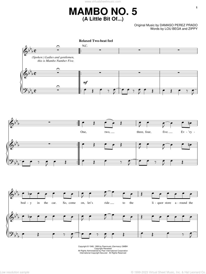 Mambo No. 5 (A Little Bit Of...) (COMPLETE) sheet music for voice, piano or guitar by Lou Bega, Damaso Perez Prado and Zippy, intermediate skill level