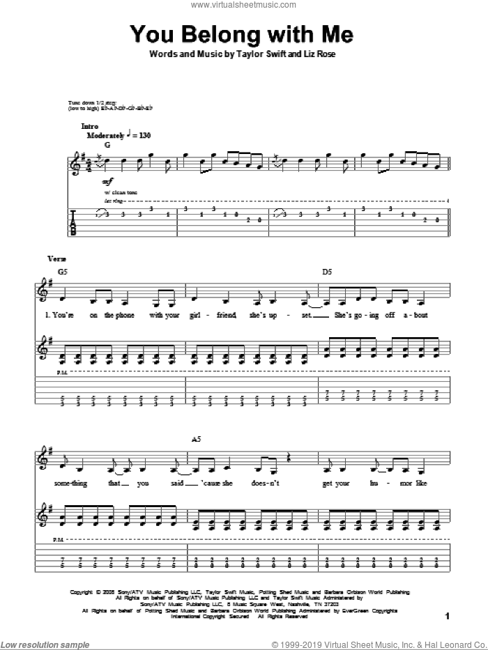 You Belong With Me sheet music for guitar (tablature, play-along) by Taylor Swift and Liz Rose, intermediate skill level
