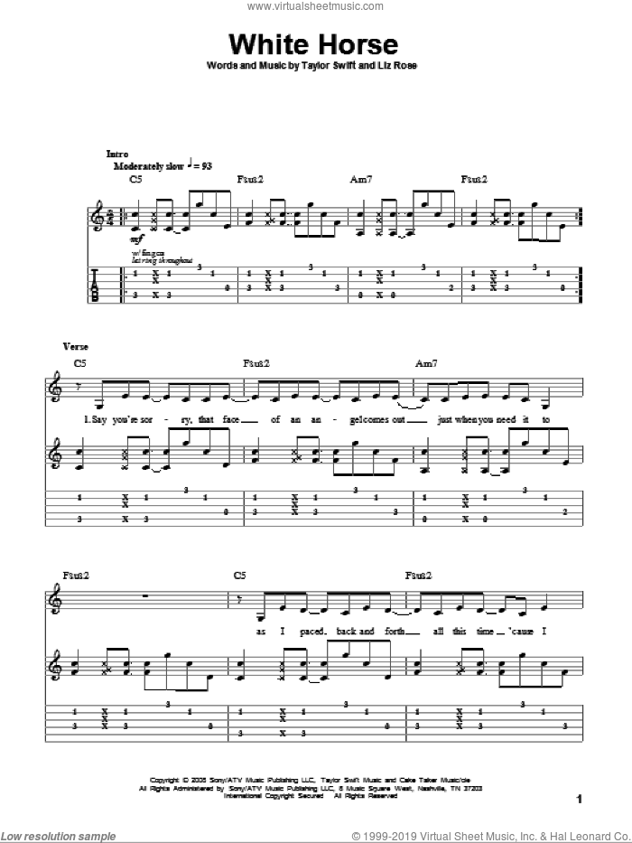 White Horse sheet music for guitar (tablature, play-along) by Taylor Swift and Liz Rose, intermediate skill level