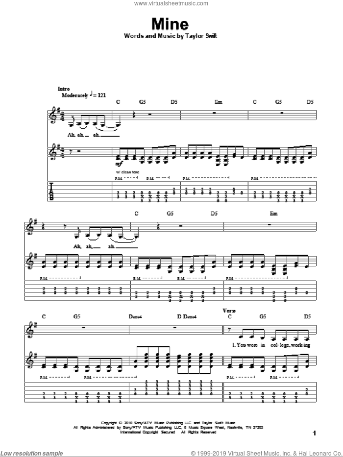 Mine sheet music for guitar (tablature, play-along) by Taylor Swift, intermediate skill level