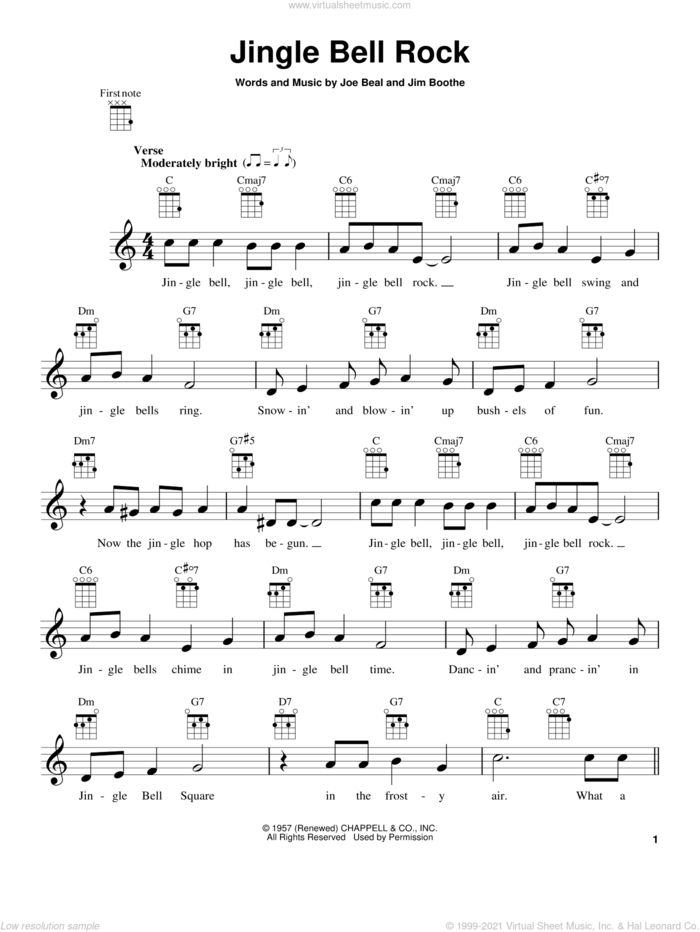 Jingle-Bell Rock sheet music for ukulele by Bobby Helms, Jim Boothe and Joe Beal, intermediate skill level