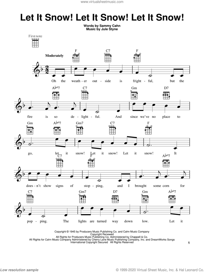 Let It Snow! Let It Snow! Let It Snow! (arr. Fred Sokolow) sheet music for ukulele by Sammy Cahn and Jule Styne, intermediate skill level