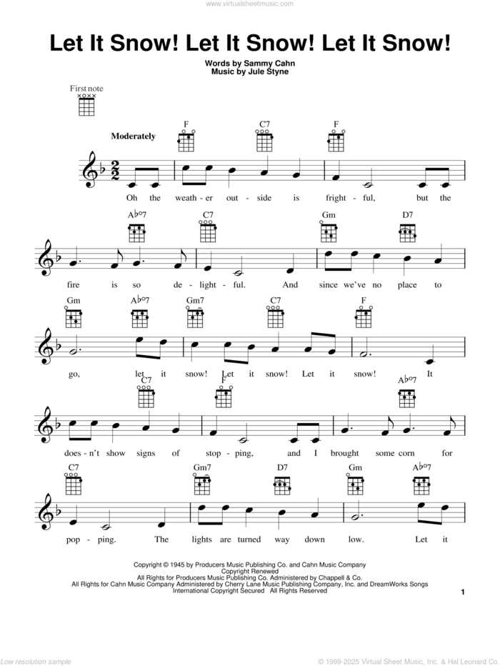 Let It Snow! Let It Snow! Let It Snow! (arr. Fred Sokolow) sheet music for ukulele by Sammy Cahn and Jule Styne, intermediate skill level