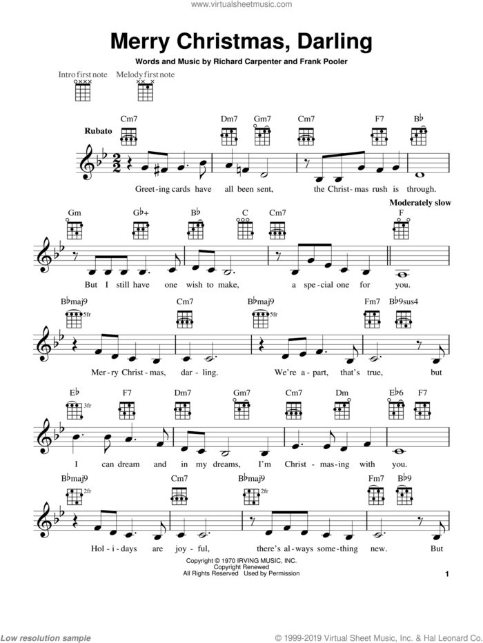 Merry Christmas, Darling sheet music for ukulele by Carpenters, Frank Pooler and Richard Carpenter, intermediate skill level