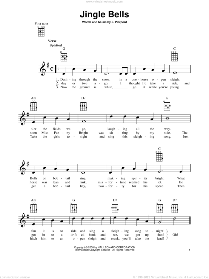 Jingle Bells sheet music for ukulele by James Pierpont, intermediate skill level