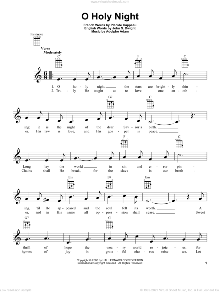 O Holy Night sheet music for ukulele by Adolphe Adam, John S. Dwight and Placide Cappeau, intermediate skill level