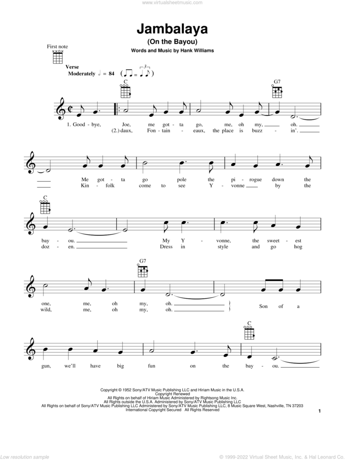 Jambalaya (On The Bayou) sheet music for ukulele by Hank Williams, intermediate skill level
